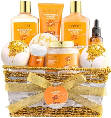 Christmas Gifts for Women Gift Basket for Women - 10 Pc Almond Milk & Honey Beauty & Personal Care Set - Home Bath Pampering Package for Relaxing - Spa Self Care Kit - Birthday, Mom, Anniversary Gift - Image 1