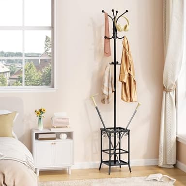 Hoctieon Coat Rack Freestanding, Coat Tree with Umbrella Holder, Metal Coat Rack Stand with 12 Hooks, Standing Coat Hanger Stand, Umbrella Stand for Entryway, Hat Rack Stand for Home Office, Black - Image 8