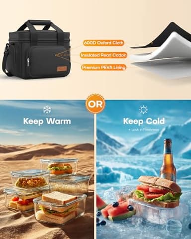 HOTOR Lunch Box for Men and Women - Leak-Proof Insulated Lunch Cooler Bag with Adjustable Strap, Multiple Pockets for Office, Picnic, Hiking, Beach, 1 Layer, 8L, Black, 9.8" x 8.7" x 5.9" - Image 2