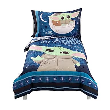 NoJo Star Wars The Child Little Bounty Blue, Green and White Grogu The Force is Strong with This Child 4 Piece Toddler Bed Set Comforter, Fitted Bottom Sheet, Flat Top Sheet and Reversible Pillowcase - Image 10