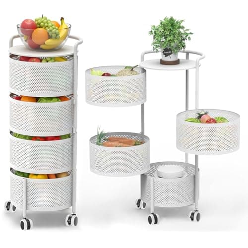 JAQ Rotating Storage Shelves Rack for Kitchen, 4-Tier Multi Layer Removable Basket Shelf Organizer on Rolling Wheels for Fruit Vegetable Grocery Corns Potato Onion (4-Tier, White) - Image 1