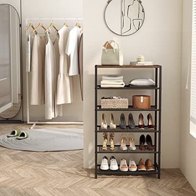 HOMEFORT Shoe Rack 6-Tier, Shoe Storage Shelf, Industrial Shoe Tower, Narrow Shoe Organizer for Closet Entryway, Small Shoe Rack Table with Durable Metal Shelves, Rustic Brown - Image 2