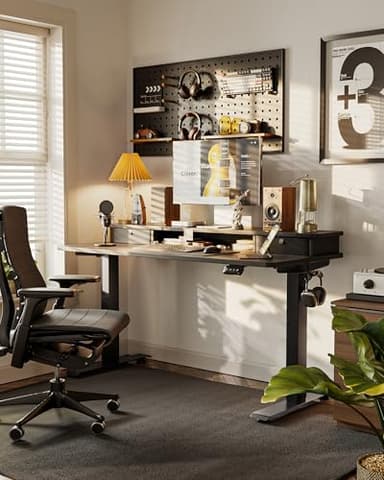 FEZIBO 48 x 24 Inch Height Adjustable Electric Standing Desk with Double Drawer, Stand up Home Office Computer Desk with 4 Height-Adjustable Feets & 2 Hooks,Black - Image 2