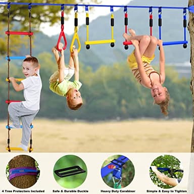 2x65 FT Ninja Warrior Obstacle Course for Kids with 13 Ninja Accessories - 600lbs Weight Capacity, Slackline with Swing Seat, Disc Swing, Ninja Wheel, Rope Ladder, Monkey Bar, Ninja Ring, Arm Trainer - Image 3