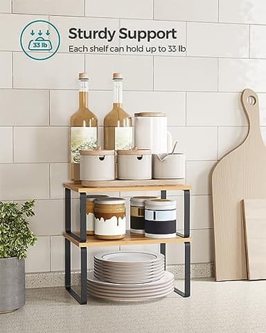 SONGMICS Cabinet Organizer Shelf, Set of 2 Kitchen Counter Shelves, Kitchen Storage, Spice Rack, Stackable, Expandable, Metal and Engineered Wood, Ink Black and Natural Beige UKCS02NB - Image 5