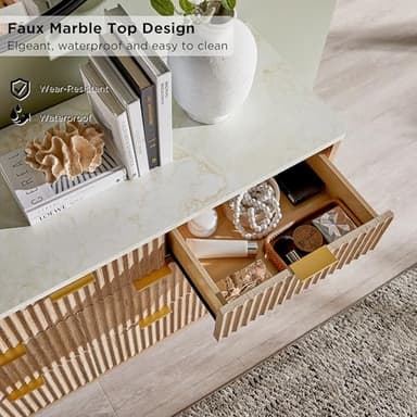 T4TREAM Fluted 7 Drawers Dresser, 54" Wide Modern Chest of Drawers with Faux Marble Top, Curved Profile Design, Dresser TV Stand, Wood Drawer Organizer for Bedroom, Living Room, Hallway, Natural Oak - Image 4