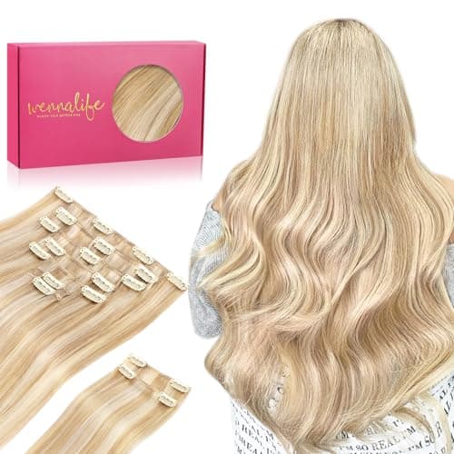 WENNALIFE Hair Extensions Clip In, 9pcs 24inch 150g Dirty Blonde Highlighted Bleach Blonde Thicker Clip In Hair Extensions Real Human Hair Remy hair extension Double Weft Clip in Human Hair Extensions - Image 1