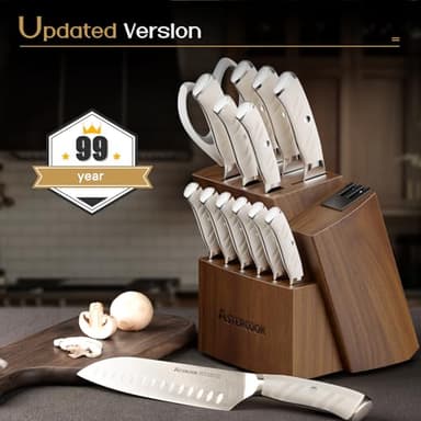 Astercook Knife Set Kitchen with Block and Dual Sharpener Full Tang 15 Pcs German Stainless Steel Knives Dishwasher Safe Kitchen Utensils Set with Anti-slip Ergonomic Handle, Elegant White - Image 9