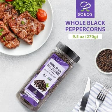 Soeos Whole Black Pepper, 9.5 Ounce (270g), Non-GMO, Kosher Certified, Whole Peppercorn Perfect for Grinder, Black Peppercorns Ideal for Red Meat, Chicken, Fish - Image 3