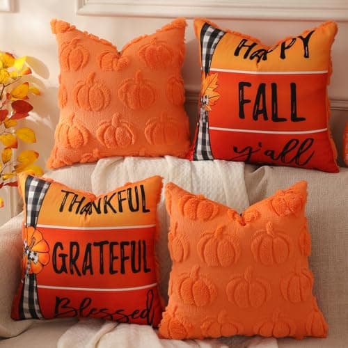 TOYPOPOR Fall Decorations, 2 Packs Double Sided Throw Pillow Covers, Orange Soft Faux Fur Pumpkin Pillow Cases Autumn Harvest Thanksgiving Indoor Outdoor Home Decor for Living Room Porch Couch 20x20 - Image 1
