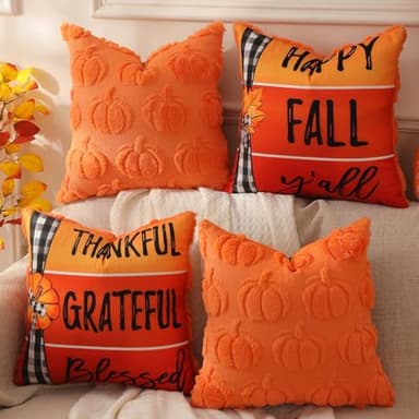 TOYPOPOR Fall Decorations, 2 Packs Double Sided Throw Pillow Covers, Orange Soft Faux Fur Pumpkin Pillow Cases Autumn Harvest Thanksgiving Indoor Outdoor Home Decor for Living Room Porch Couch 20x20 - Image 1