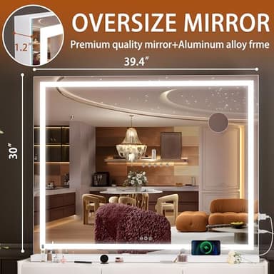 Hasipu Vanity Mirror with Lights, 40" x 30" LED Makeup Mirror, Lighted Makeup Mirror with Dimmable 3 Modes, Touch Screen Control Vanity Mirror Square White - Image 2