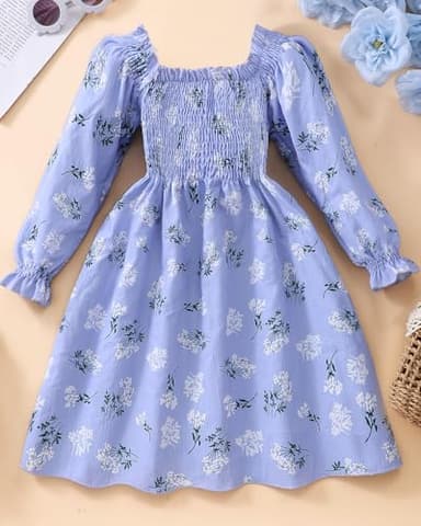 Toddler Long Sleeve Floral Dress Easter Smocked Spring Summer Clothes Girl School Outfits Church Sundress Flower Purple 3 Years - Image 2