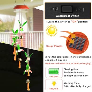 Hummingbird Gifts for Women Mom Grandma,Hanging Solar Wind Chimes for Outside,Waterproof LED Gardening Garden Decor Lights for Festival Birthday Gifts for Girlfriend Wife (Red Housing) - Image 2