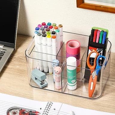 2 Pack, 5-Compartment Clear Plastic Bin - Divided Art Supplies, Cosmetic Makeup Caddy Organizer - Multiuse Storage Container for Vanity, Bathroom, Kitchen, Office, Craft, Shower, Cleaning Items - Image 4