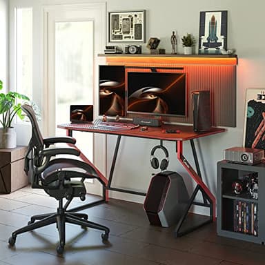 CubiCubi Gaming Desk Z Shaped 47 inch Gamer Workstation, Home Small Computer Carbon Fiber Surface Gaming Desk PC Table with Headphone Hook, Dark Black - Image 9
