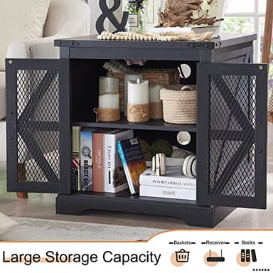 JXQTLINGMU Farmhouse End Table, 24" Large Sofa Side Table with Charging Station, Mesh Barn Door, and Adjustable Storage Shelf, Rustic Wood Square Nightstand for Living Room, Bedroom, Office, Black - Image 4