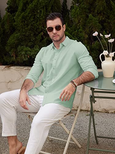 JEKAOYI Mens Casual Long Sleeve Cotton Linen Shirts Buttons Down Solid Plain Roll-Up Sleeve Summer Beach Shirts Mint Green - Image 2