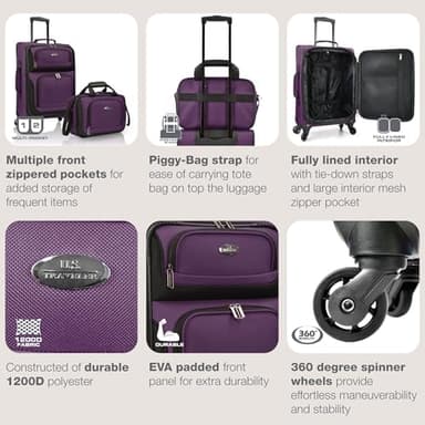 U.S. Traveler Rio Lightweight Softside Rolling Carry-on Suitcase, 4-Wheel Set, Purple - Image 5