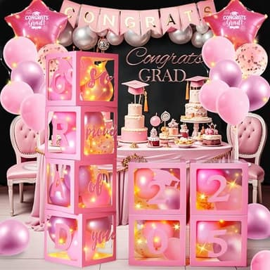 AYGXU Graduation decorations class of 2025 pink- Graduation Decorations, Balloons Box (4PCS) with letters&balloons,balloon stand set for table,LED String Light,graduation party decorations - Image 5