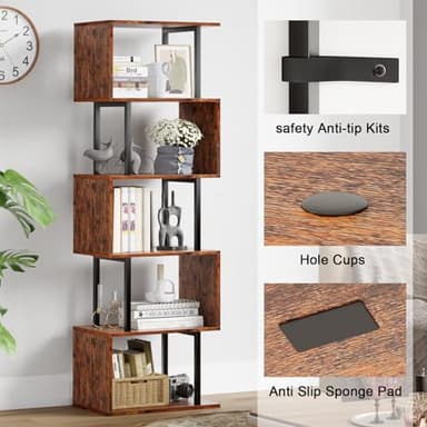 Furologee 6 Tier Bookshelf, Tall S Shaped Geometric Bookcase, Modern Display Shelf Standing Unit, Wood Metal Decorative Divider Rack for Living Room Bedroom Office, Rustic Brown - Image 6