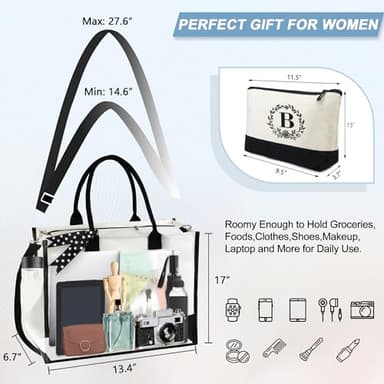 BeeGreen Birthday Gifts for Women Her, Initial Tote Bag for Mom, Mother Coworkes Teacher, Personalized Beach Bags with Make-up Bag, Large Canvas Totes with Zipper and Shoulder Straps Letter M - Image 3