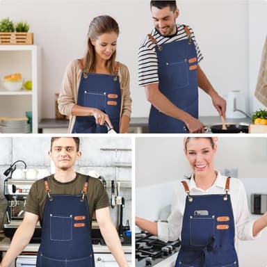 OUNLEN Chef Apron for Men Women Canvas Aprons with 3 Pockets Cross Back Resistant Work Apron for Cooking Grilling Baking BBQ Barber Kitchen (Blue) - Image 6