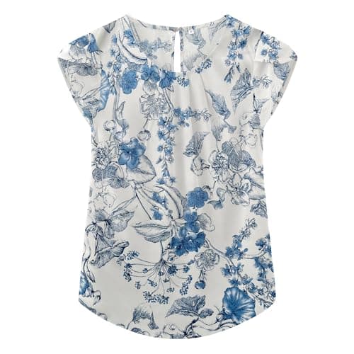 TASAMO Women Chiffon Blouse Round Neck Short Sleeve Top Shirts (Medium, LFD Blue) - Image 1