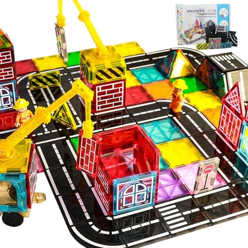 Magnetic Tiles Road Set with Crane for Kids Ages 3-5 4-8 5-7 Preschool City Construction Kids Games Toddler Magnet Building Toys for 3+ Year Old Boys Girls Gifts - Image 1