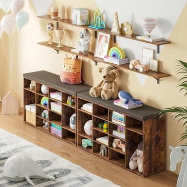 DINZI LVJ Shoe Storage Bench with Cushion, 14-Cubby Shoe Rack, Adjustable Shelves, Multifunctional Shoe Organizer Bench for Entryway, Mudroom, Hallway, Living Room, Bedroom and Garage, Rustic Brown - Image 7