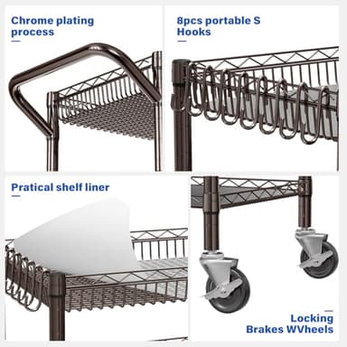 YNN Bronze Utility Rolling Cart,990Lbs 3 Tier Heavy Duty Metal Cart with Wheels & Handle NSF Wheeled Cart 31" D x 18" W x 33" H for Bedroom, Bathroom, Kitchen,Garden,Decor,Serving - Image 6