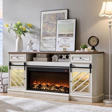 OKD 75” Fireplace TV Stand for 85 Inch TV, Farmhouse Highboy Entertainment Center with 36” Electric Fireplace, Modern Media Console Table with Drawers Storage&Cabinets for Living Room, Antique White - Image 1