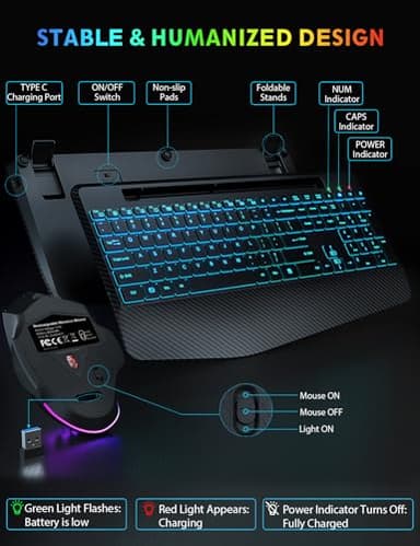 Wireless Keyboard and Mouse Backlits, Wrist Rest, LED Mouse, Rechargeable Ergonomic Keyboard with Phone Holder, Silent Light Up Combo for Computer, Mac, PC, Laptop, Chromebook (Black) - Image 7