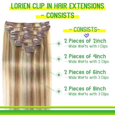 LORIEN Clip in Hair Extensions Real Human Hair, Remy Human Hair Extensions Clip ins for Women, 100% Natural Human Hair, Double Weftm, 24inch 120g 8Pcs, #16/22 Light Blonde to Golden Blonde - Image 3