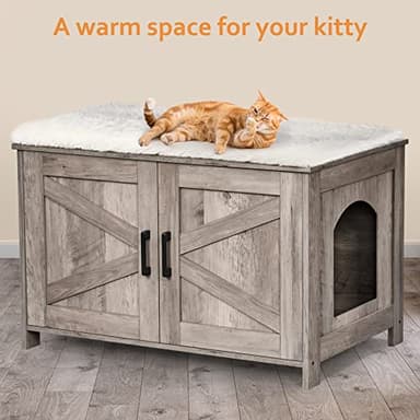 Homhedy Cat Litter Box Enclosure, Wooden Cat Washroom Furniture with Barn Door, Pet House, Fit Most of Litter Box, Greige - Image 7