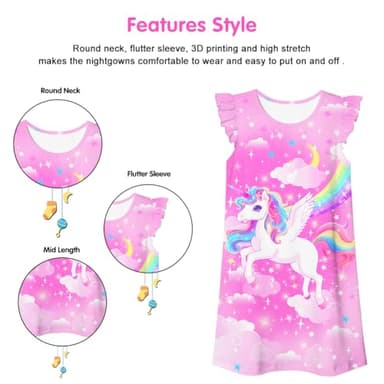 uideazone Unicorn Nightgowns for Girls Size 7-8 Pink Flutter Sleeve Nightdress Rainbow Cloud Princess Pajamas Dress M - Image 6