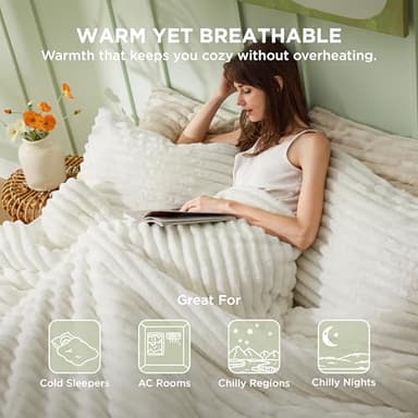 Bedsure Fluffy Comforter Set Queen - Super Soft Faux Fur Bed Set Cream White, All Seasons Warm Plush Fleece Bedding, 3 Pieces, 1 Shaggy Fuzzy Queen Size Comforter with 2 Pillowcases - Image 5