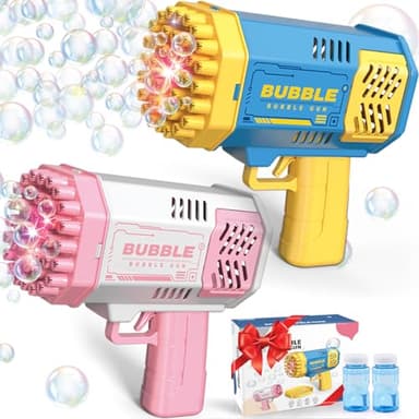 Dolanus Bubble Gun 2 Pack with 2 Bottles Bubble Solution, 40-Hole Light Up Dip Bubble Machine for Kids, Bubble Toy for 3 4 5 6 7 8 Years Old Boys Outdoor Indoor Kid Birthday Wedding Party(Blue&Pink) - Image 1