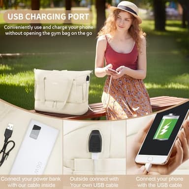 ETRONIK Gym Bag for Women, Personal Item Travel Bag with Shoes Compartment, Weekender Overnight Duffel Bag with Wet Pocket & USB Charging Port, Carry On Bag for Women, Travel, Gym, Weekend (Beige) - Image 6