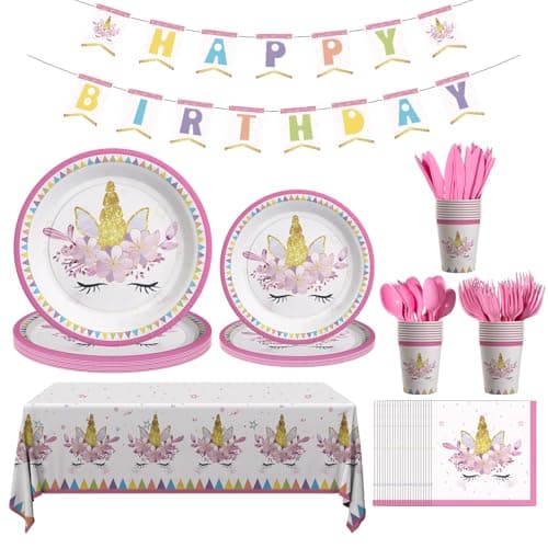 Cecnamt Unicorn Birthday Decorations for Girls, 170 Pcs Unicorn Party Decorations Including Banner, Plates, Cups, Napkins, Cutlery and Tablecloths, Serves 24 - Image 1