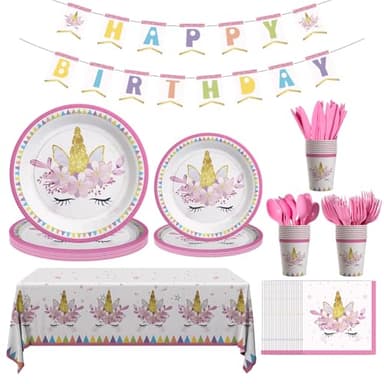 Cecnamt Unicorn Birthday Decorations for Girls, 170 Pcs Unicorn Party Decorations Including Banner, Plates, Cups, Napkins, Cutlery and Tablecloths, Serves 24 - Image 1