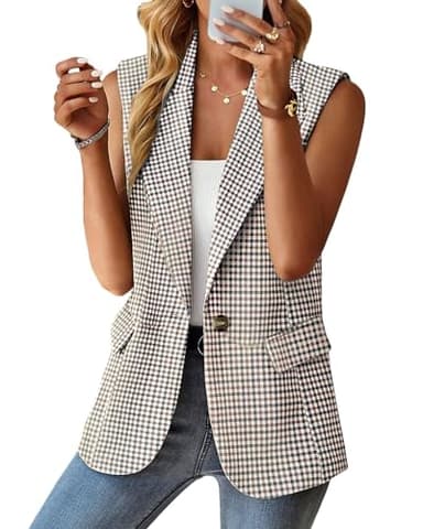 Mina Self Fall Vest Blazer For Women Plaid Houndstooth Tan Oversize Tops Jacket Business Casual Womens Work Outfits Clothes Top Vests Blazers KG L - Image 4