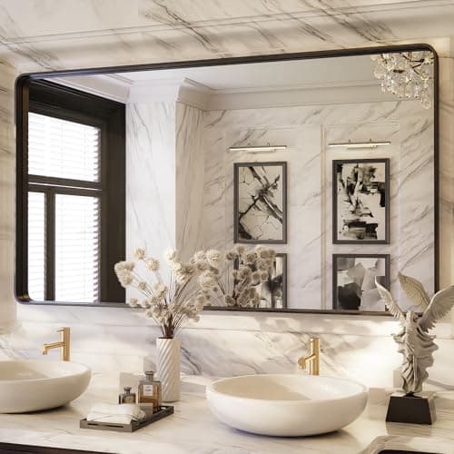 ISKM Bathroom Mirror for Wall 55" x 30" Matte Black Bathroom Vanity Mirror Farmhouse, Anti-Rust, Tempered Glass, Hangs Horizontally or Vertically - Image 1