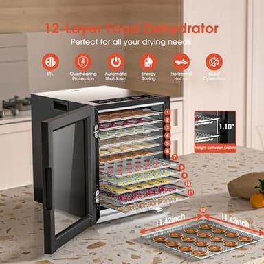 Food Dehydrator, 12 Stainless Steel Trays in 850W Electric Dehydrator Machine, 48 Hour Digital Timer and 165°F Temperature Control, Food Dryer for Jerky, Dog Treats, Herbs, Meat, Fruit and Veggies - Image 2