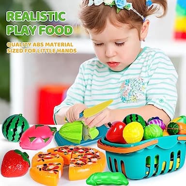 100 PCS Cutting Play Food Toy for Kids Kitchen, Pretend Food Toys for Toddlers, Play Kitchen Toys Accessories with 2 Baskets, Fake Food/Fruit/Vegetable, Birthday Gifts for 3 4 5 Years Old Boys Girls - Image 2