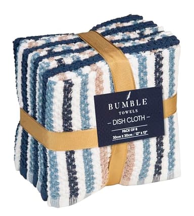 Bumble Premium Dish Cloths Towel 12"x12" | 100% Natural Ring Spun Cotton Tea Towel Set | 430 GSM | Highly Absorbent & Soft Dish Towels | 8 Pack - 4 Popcorn Wide Striped & 4 Solid Kitchen Towels - Blue - Image 3