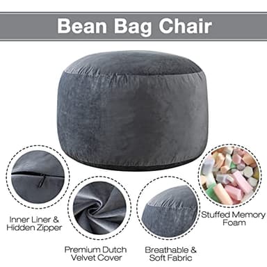 EDUJIN 5 ft Bean Bag Chair: 5' Large Memory Foam Filled Bean Bag Chairs for Adults with Filling,Ultra Soft Dutch Velvet Cover,Round Fluffy Lazy Sofa for Living Room - 5 Foot, Dark Gray - Image 3