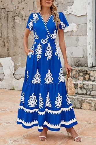 PRETTYGARDEN Womens 2025 Summer Casual V Neck Boho Maxi Dress Flowy Aline Bell Sleeve Tiered Floral Dresses with Pocket (Floral Royal Blue White,Medium) - Image 3