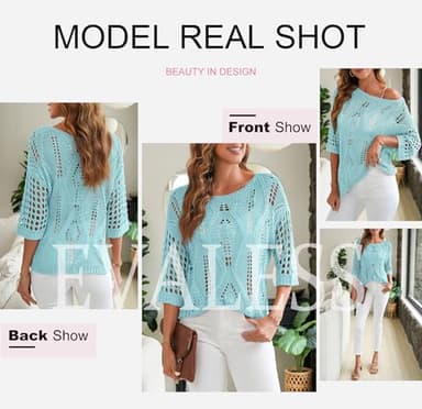 EVALESS Womens Tops Spring Summer Crochet Hollow Out 3/4 Sleeve Pullover Sweaters Off Shoulder Tops Oversized T-Shirts Swim Suits Beach Cover Up for Women Cruise Outfits for Women 2025, Blue X-Large - Image 5