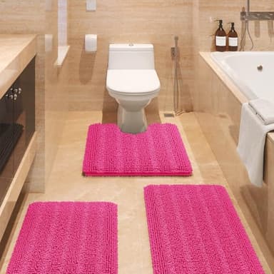 ACCUMTEK Striped Hot Pink Bathroom Rug Set 3 Pieces Ultra Soft, Non Slip Chenille Toilet Mat, Absorbent Plush Shaggy Bath Mats for Bathroom, Bedroom, Kitchen, Peach - Image 1